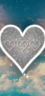 A starry heart with a teal cloud background, perfect for mobile wallpaper.