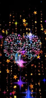 Vivid heart and stars design on black wallpaper.