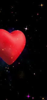 Red heart with stars on black background, mobile wallpaper.