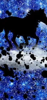 Silhouette horse on vibrant starry blue galaxy background.