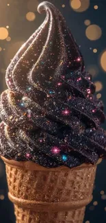 Starry chocolate ice cream cone with cosmic sparkles.