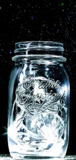 Luminous jar with starry night backdrop on phone wallpaper.