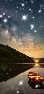 Starry sky and boat under dark blue night on a calm lake.