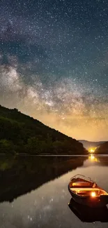 Starry night over a tranquil lake with a boat reflecting the Milky Way.