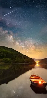 Boat on calm lake under starry night sky with vivid Milky Way.