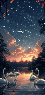 Starry night sky over a serene lake with swans and a colorful sunset.