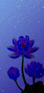 Starry night sky with vibrant lotus flower art.