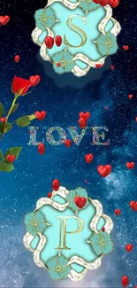 Love-themed mobile wallpaper with letters S and P, red hearts, and a starry sky.