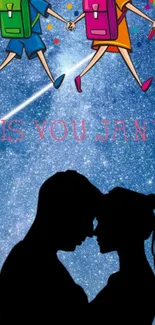 Romantic silhouette and cartoon figures under starry night sky with 'Miss You Janu' text.