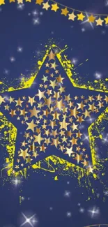 Starry midnight phone wallpaper with golden ornaments and vibrant star design.