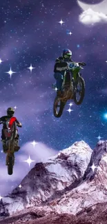 Motorcyclists soar through starry night above mountains, evoking adventure.