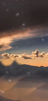 Starry sky over misty mountains at dusk.