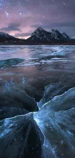 Starry night with ice and mountain reflections.