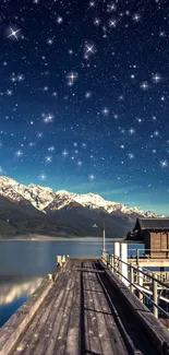 Starry night sky over a peaceful mountain lake with a wooden dock.