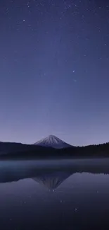 Serene night sky with mountain reflection on lake.