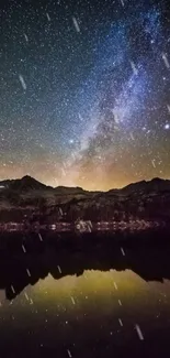 Majestic starry night sky over mountains, reflecting perfectly on a tranquil lake.