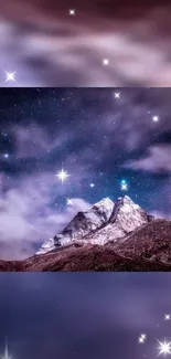 Mountain peaks under a starry night sky with clouds and stars.