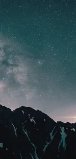 Starry night sky above a dark mountain range.