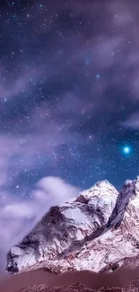 Snowy mountain under a starry purple night sky, perfect for mobile wallpaper.