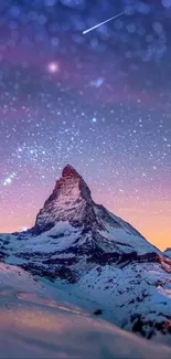 Starry sky over snowy mountain peaks with vibrant hues.