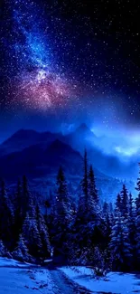 Starry sky over snow-covered mountains.