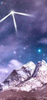 Starry night over snowy mountains with shooting star in a cosmic sky.