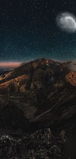 Starry night over mountains with a glowing moon.