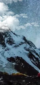 Majestic mountain under a starry sky with snow-covered peaks and a tranquil atmosphere.