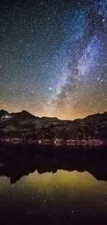 Stunning starry night over mountains reflecting in tranquil waters.