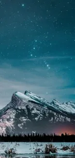 Mobile wallpaper of a starry night over snow-capped mountains reflecting in a lake.