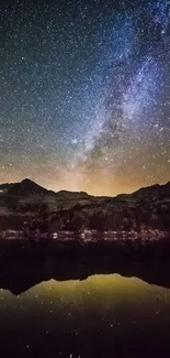 Starry night sky reflecting over a peaceful mountain scene.