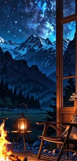 Starry mountain view with cozy chairs and campfire.