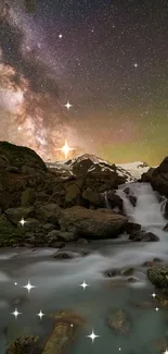 Starry night over mountain stream with glowing stars.