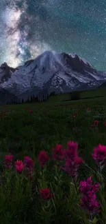 Colorful wildflowers under a starry sky with mountains in the background.