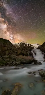 Majestic night sky over a mountain waterfall, with stars illuminating the scenery.