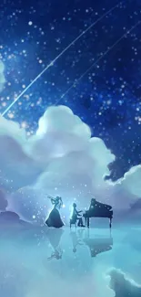 Silhouette of musicians under starry sky with clouds and piano