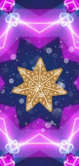 Neon gingerbread star with purple geometric background.