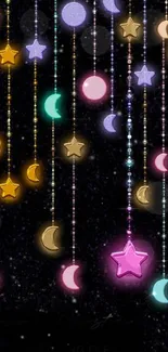 Vibrant neon stars and moons on black wallpaper.