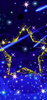 Abstract starry night wallpaper with vibrant yellow stars on deep blue background.