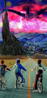 Kids biking under a Starry Night-inspired sky with vivid colors.