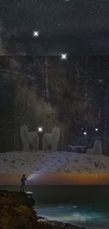 Explorer with flashlight under starry sky and wolves in forest.