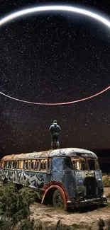 Figure on bus under starry sky with bright halo