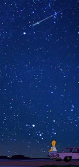 Animated wallpaper of a starry sky with a shooting star and cartoon character.