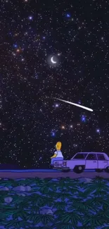 Character gazing at stars in animated night sky wallpaper.