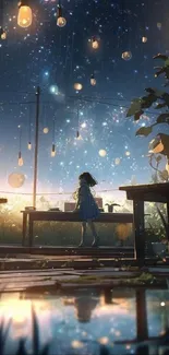 Anime silhouette at night under a starry sky with glowing lights.