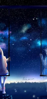 Anime wallpaper with starry night and swings.