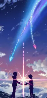 Anime characters under a celestial sky with shooting stars.