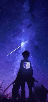 Anime silhouette against starry night sky.