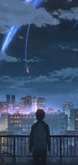 Anime character gazing at a starry night sky over a city skyline.