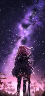 Anime character beneath a starry, purple sky.